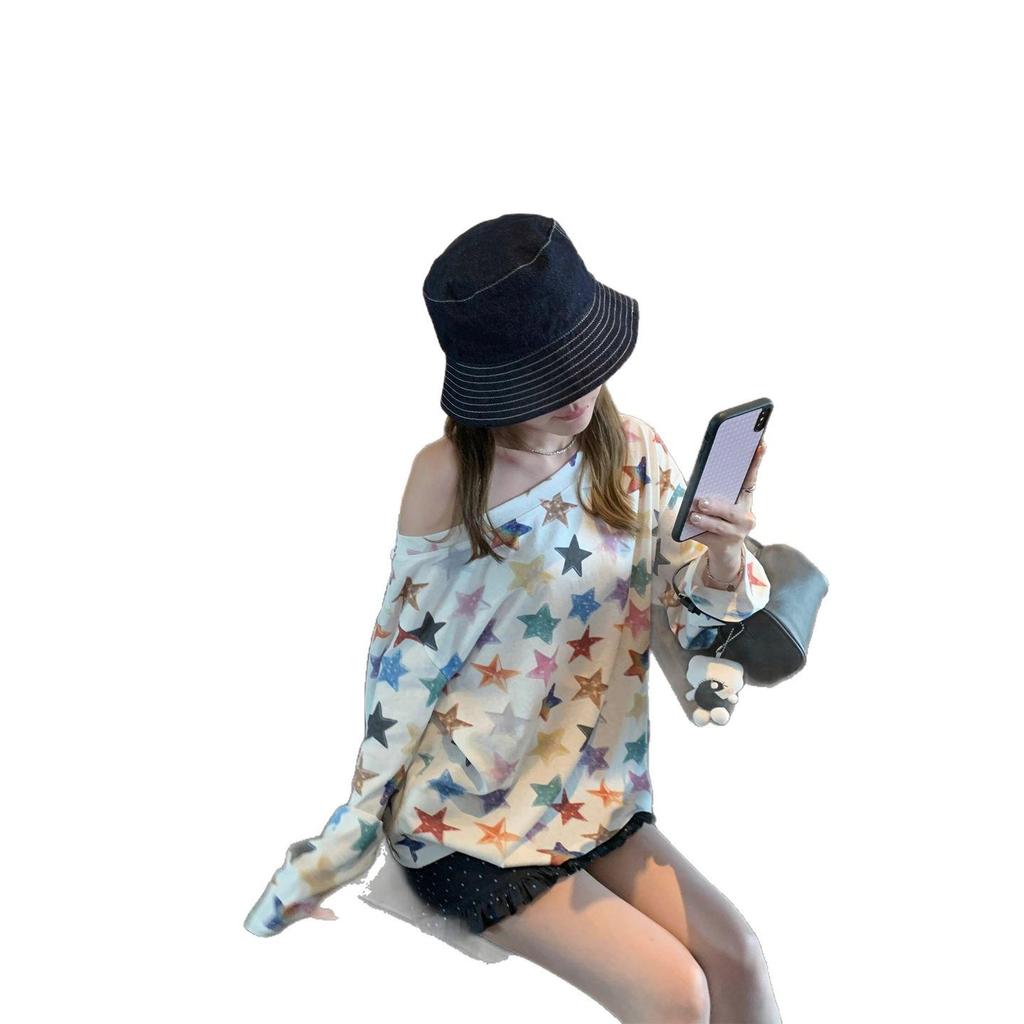 Chic Women's One-Shoulder Star Print Long Sleeve Tee for Fall 2025 - Lightweight Sun Protection Cover-Up