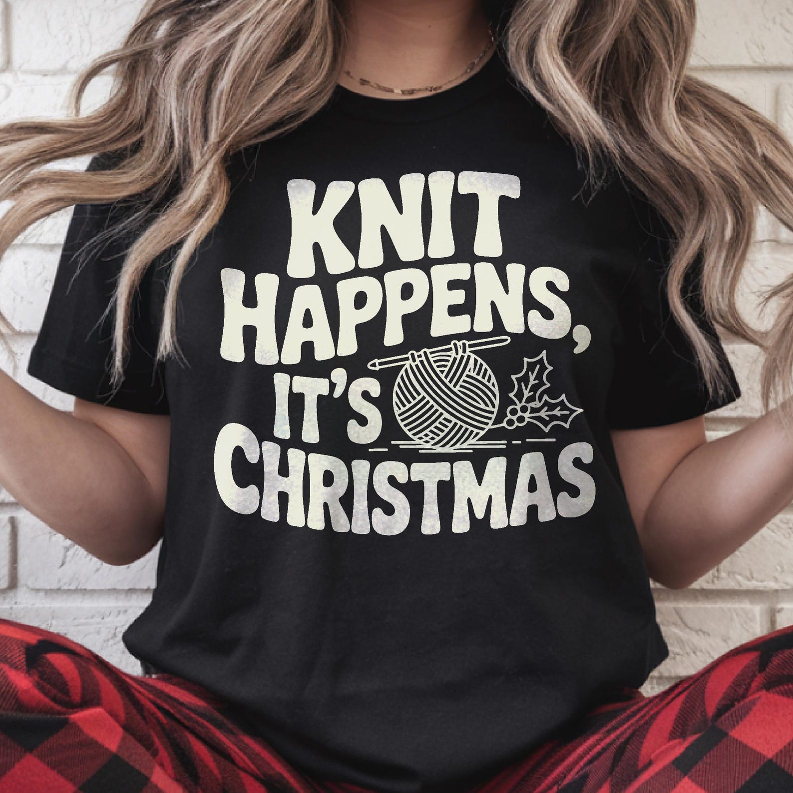 Knit Happens Christmas Sweater Tee Funny Knitter Gift Sarcastic Knitting Shirt Cozy Winter Pun Yarn Lover Retro Holiday Crafter T-Shirt L