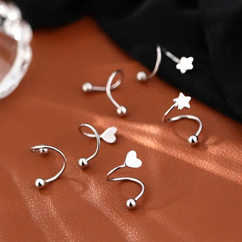 2pcs Stainless Steel Spiral Twisted Stud Earrings, Lip Piercing Heart Star Cartilage Tragus Helix Ear Piercing Jewelry Gifts