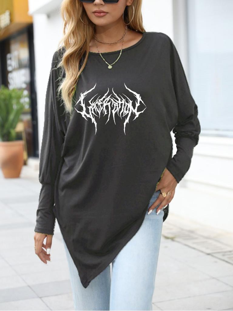 Women's Oversize Long-Sleeve Spring/Fall Asymmetrical Hem T-Shirt Fashion Printed Logn Sleeve Top