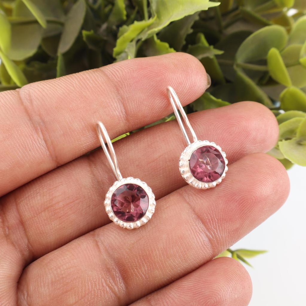 Rhodolith Edelstein Schmuck, Handgefertigter Silberschmuck, 925 Massiv Sterlingsilber Ohrringe, Wunderschöne Silberohrringe für Hochzeitsgeschenk