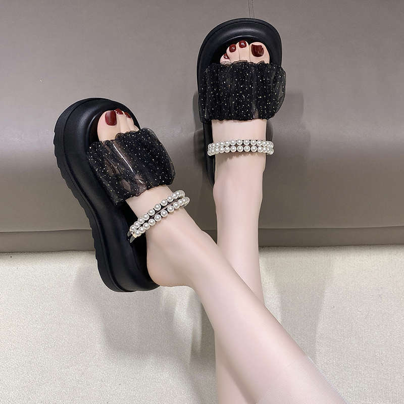 Fashion muffin platform pearl beach shoes female summer 2025 new fairy wind mesh two wear sandals