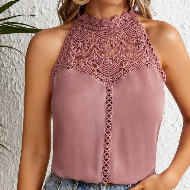 Vară Modă Nouă Decupat Sexy Cămașă Dantelă Femei Elegantă Slim Fit Solidă Bluză Casual pentru Femei Topuri Vintage Fără Mâneci Guler Înalt Cămașă Femei 26649