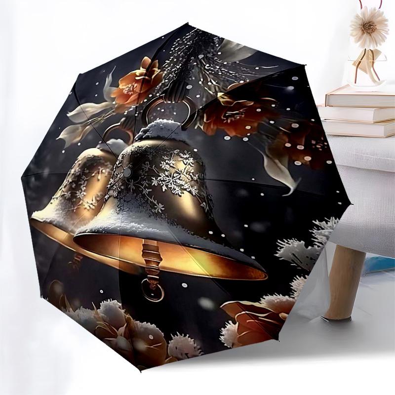 

1pc Winter Wonderland Snowflake Bell with Flowers, Automatic Opening Umbrella, Portable Folding Design, 8-Rib Iron Frame Outdoor Umbrella, Festive Gif