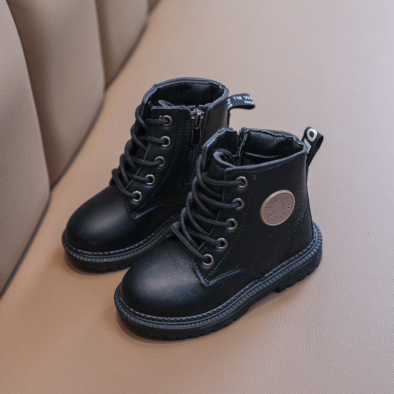 Herbst-/Winter-Stiefel mit Fleecefutter, Lederstiefel mit weicher Sohle, Wasserdichte Kinder-Martinstiefel, Englische Stil Jungen Kurzstiefel, Mädchenstiefel.