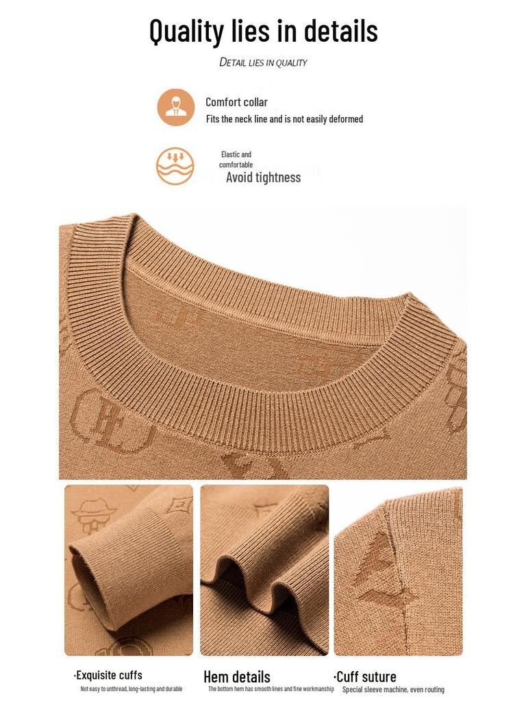 Men's Casual Light Jacquard Knitted Pullover Sweater - Long Sleeve, Round Neck (Autumn/Spring)