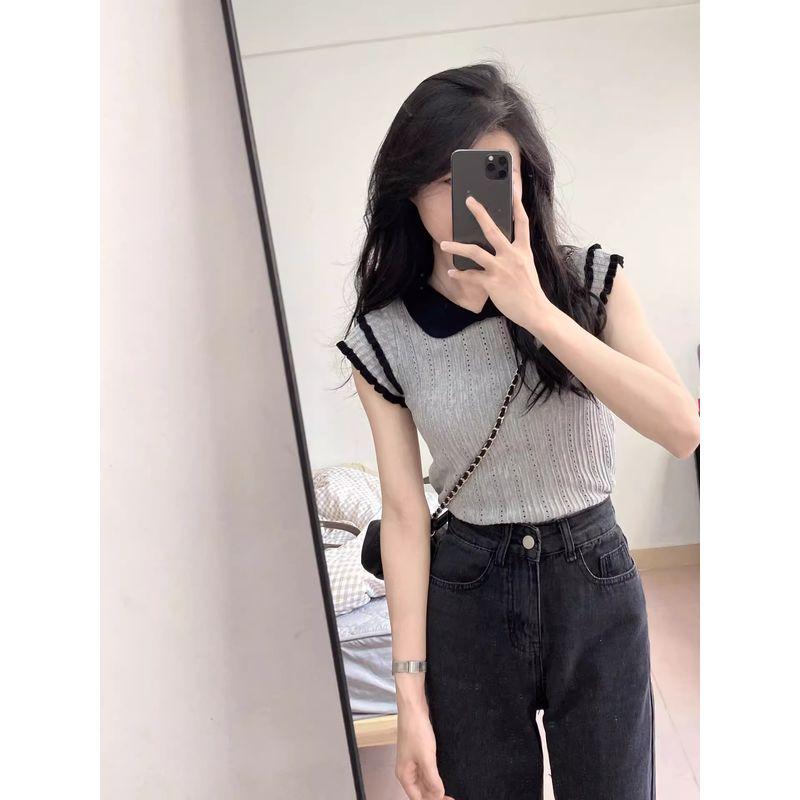 

Облегающая серая футболка с оборками, воротником Питера Пэна и короткими рукавами Gray M [Suggested 45.00 kg-52.50 kg]]