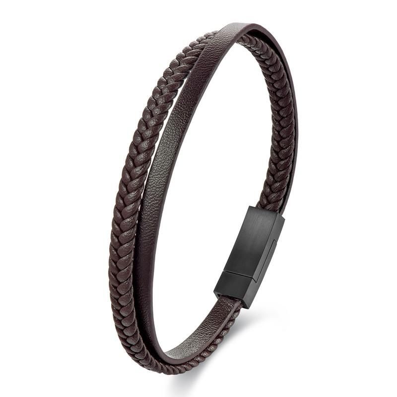 Minimalist Leather Cord Bracelet Men Stainless Steel Geometric Bangle Couple Jewelry Gift