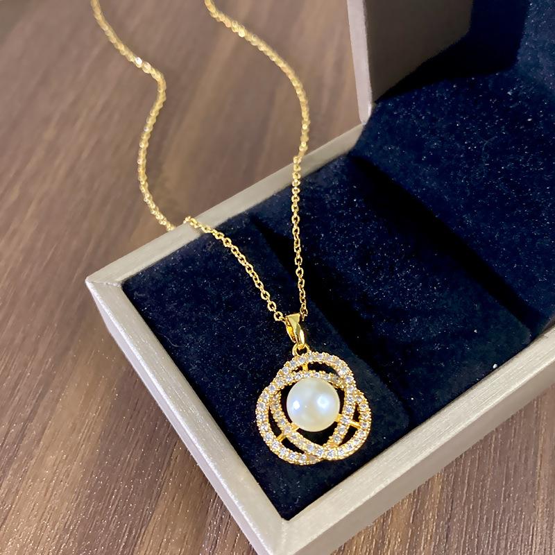 High Quality Women's All-Match Clavicle Chain Camellia Inlaid Pearl Zircon Set Stainless Steel Real Gold Plating Anniversary