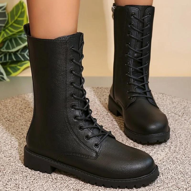 Mode Mode Schnürung Reißverschluss Mid-Calf Stiefel für Damen Herbst Winter 2025 Solide Plattform Moderne Stiefel Frau Quadratischer Absatz Botas Mujer