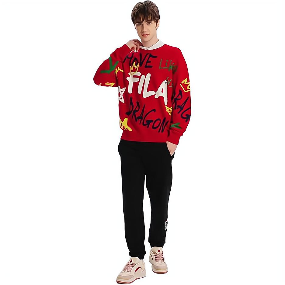 FILA Da Da Dragon Series New Year Couple Knitted Sweater With Color Block Fun Handwritten Pattern Unisex Sweater Legendary-Red F11U419402F-RD