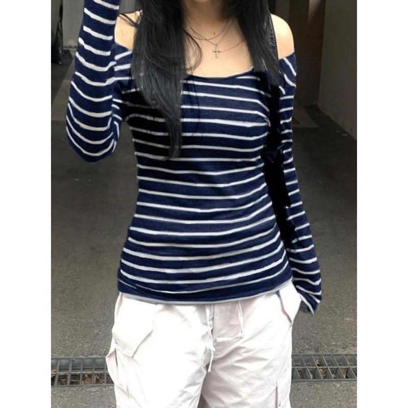 2KWEIRD Japanisches Basic Slim Langarm Streifen T-Shirt Schulterfrei O-Ausschnitt Koreanischer Streetstyle Frühling Herbst Y2K Graues T-Shirt Damen
