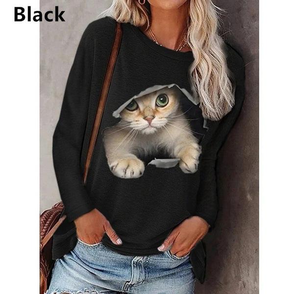 Fashionable Women's Round Neck Long Sleeve T-shirt Trendy Autumn/winter Cat