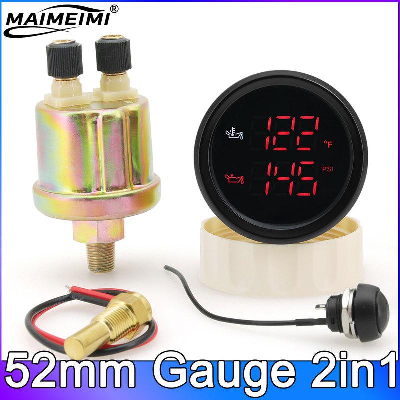 52mm Gauge 2 IN 1 Oil Pressure +Oil Temperature Gauge Red Green LED Oil Press Oil Temp Sensor for Car Boat 12V 24V