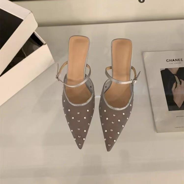 Fashion Fairy-style Pointed-toe Sandals for Women in Summer, Niche Design, Mesh Ironed Diamond Stiletto Baotou Sandals