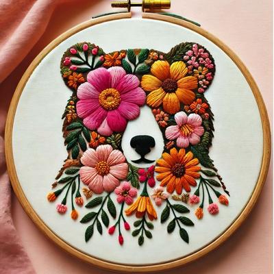 1set Floral Bear Embroidery Kit, DIY Embroidery Kit with Tools, Suitable for Beginners, Hand Embroidery Fabric Material Kit
