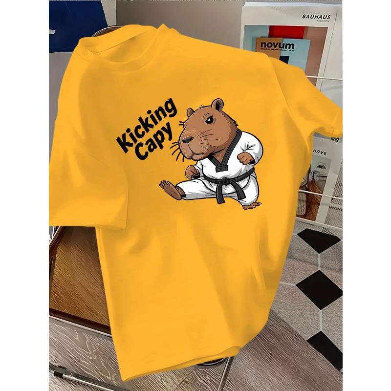 European Sizes Children Kabu Animal Karate T-Shirt - Cute Capybara Martial Arts Graphic Tee with "Kicking Capy" Text, Casual Summer Shirt for