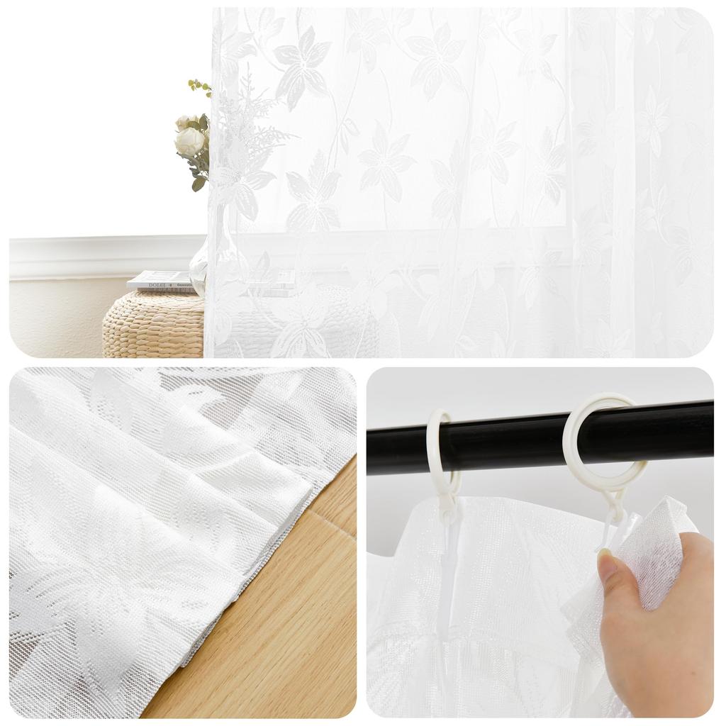 DWCN Lace Floral UV Nordic Embroidered Tulle Light Heat 150cm Wide X 200cm Set of White Curtains, Print, Protection, Semi-Privacy, Cute, Solid, Style,