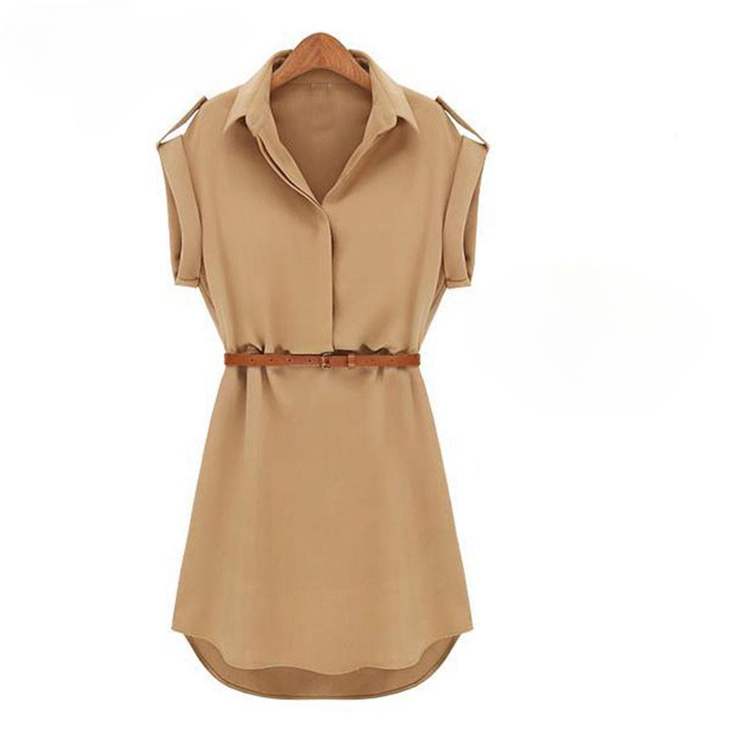 Women Fashion Casual Summer Loose Short Sleeve Belt Dress