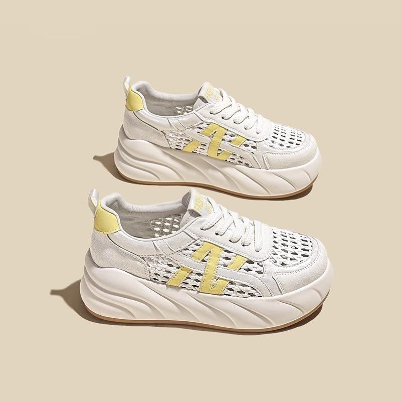 Summer New Hollow Leather Thick Sole Height Increase 6cm Fashion Casual Shoes Women's Versatile Breathable Sports Shoes