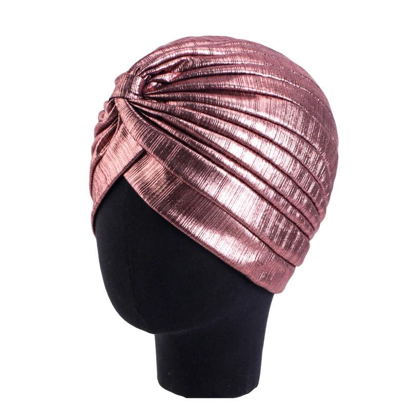 Nové dámské zlaté stříbrné turbanové čepice chemo bandana hidžáb plisovaná indická čepice turbante klobouk dámský šátek na vlasy muslimská pokrývka hlavy