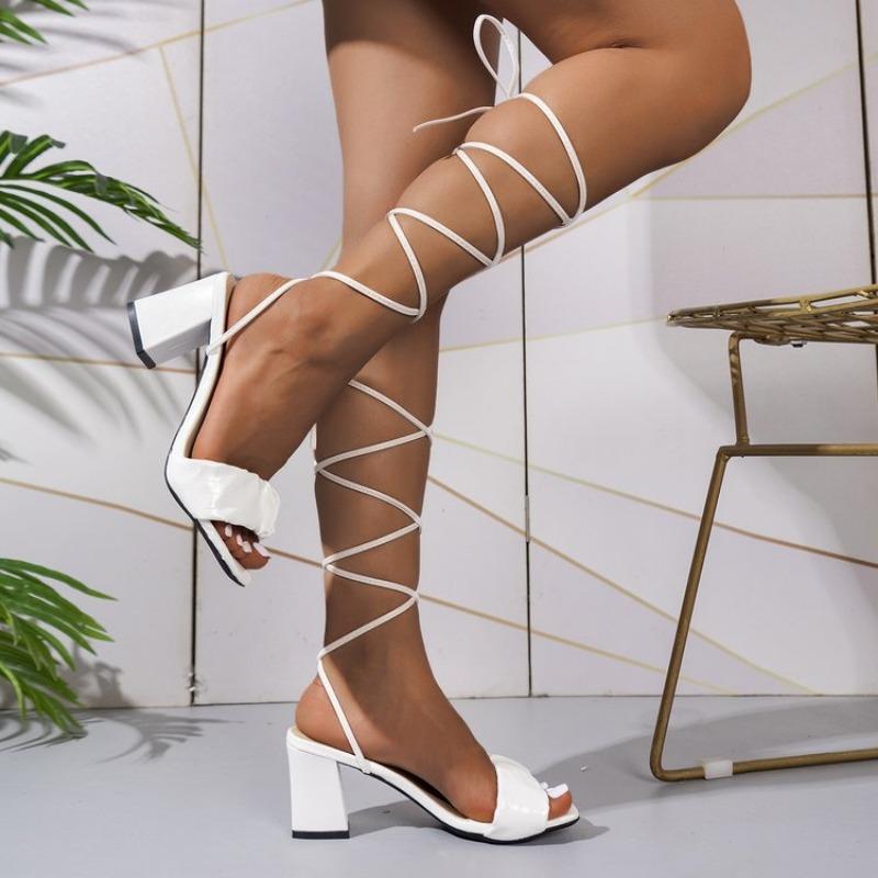 Fashion New Summer Women White Elegant Cross Strap Solid Color Square Toe High Heels Woman Open Toe Fashion Sexy Banquet Roman Sandals