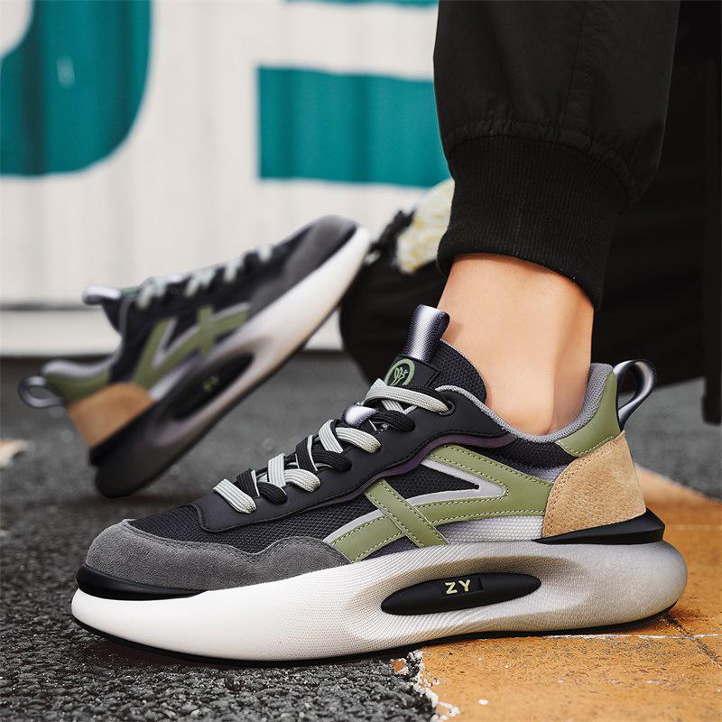 Men's Retro Genuine Leather Sneakers - Thick Sole, Breathable Mesh, All-Season Casual Fashion Shoes