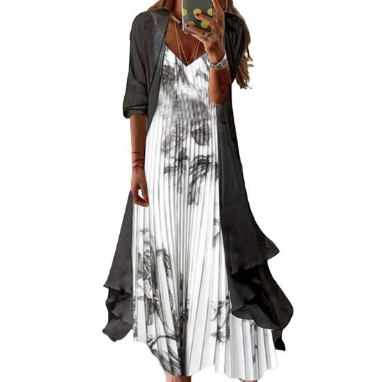 2Pcs/Set Dress Set V-Neck Large Hem Printed Summer Women Sling Design Dress Long