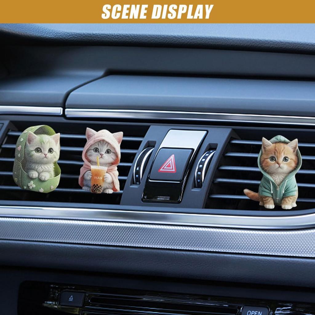 3PCS Cute Cat Car Air Vent Clips, 2D Flat Acrylic Cartoon Kitty Car Air Conditioner Outlet Clip, Auto Interior Decoration Accessories for Most