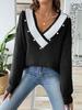 Color Block Patchwork Pearl Beaded V-Neck Loose Knit Sweater for Women