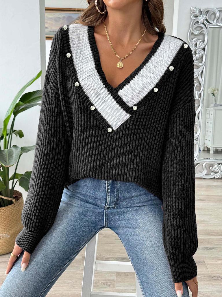 Color Block Patchwork Pearl Beaded V-Neck Loose Knit Sweater for Women