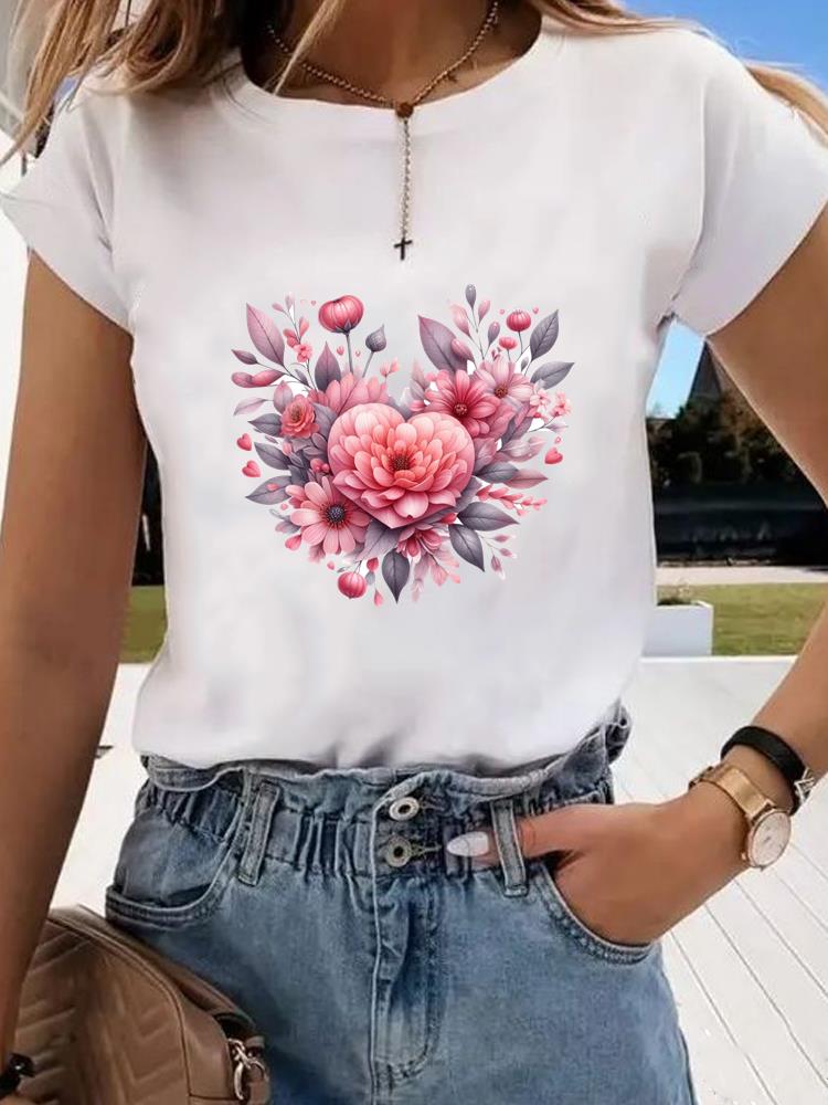 (Asian Size)  Sweet Flower Trend 90s Graphic Tee Fashion T Clothing Women's Top  Print Female Casual  Short Sleeve T-shirts