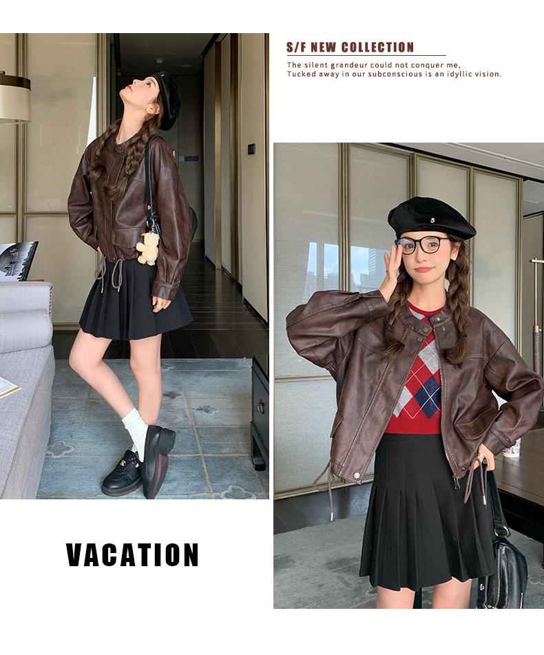 American Retro Casual PU Leather Drawstring Jacket - Autumn 2024, Small Size, Loose Fit, Age-Reducing Design