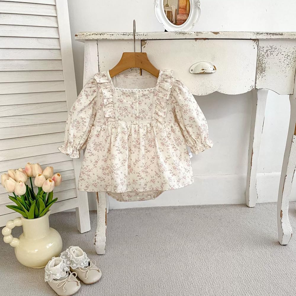 Baby Long Sleeve Skirted Birth Floral [Baby Koi] Clothes, Dress, Girls, Spring/autumn, Coverall, Baby, Preparation, Gift, Pattern, Beige, Pink, 6-9M