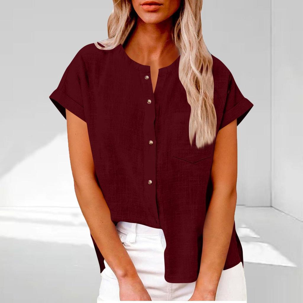 Women's Fashionable Loose-Fit Casual Shirt Button-Up Short-Sleeve Cotton-Linen Blend Top