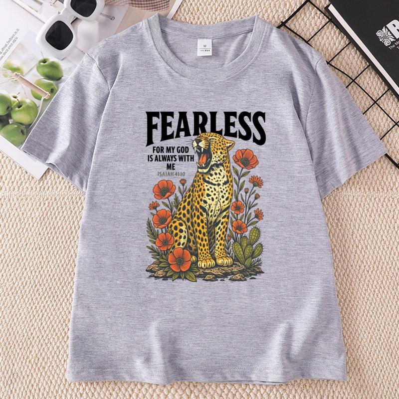 Fearless Leopard Graphic T Shirts Unisex Fearless for My God Is Always with Me TShirt Bible Verse Floral Religious Tee Shirt