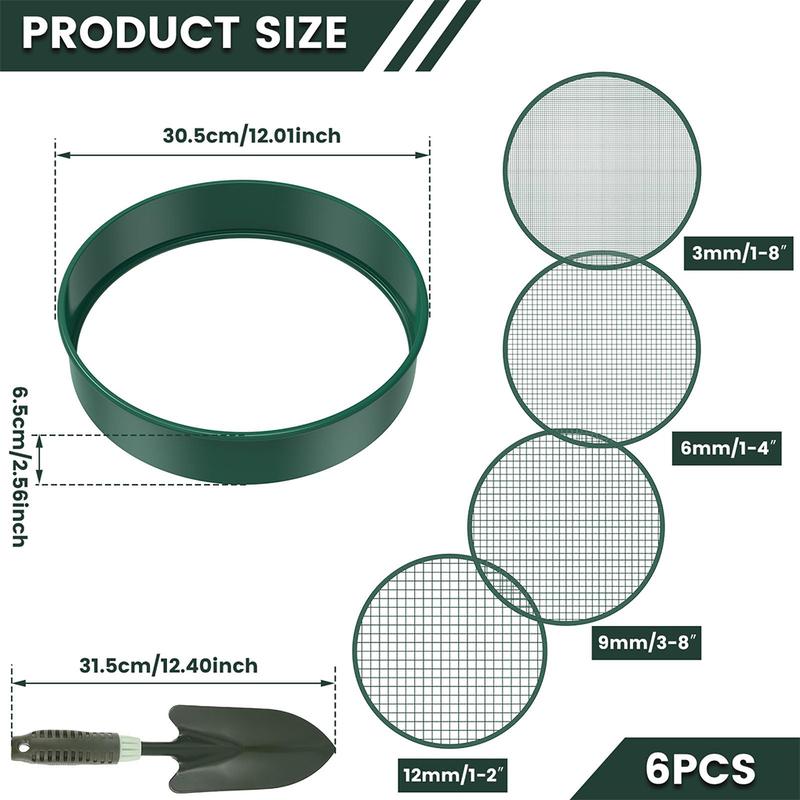 

Набор из 6 шт. Садовое сито для почвы, сетка для фильтрации почвы и камней, лопатка из нержавеющей стали для просеивания почвы, инструмент для питомника цветочных растений зелёный