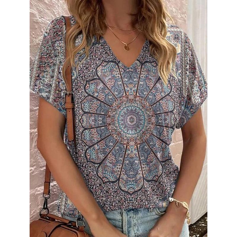 Vintage Medallion Boho Print Casual T Shirt V Neck Short Sleeve Tee For Women Summer Country And Holiday Outfits