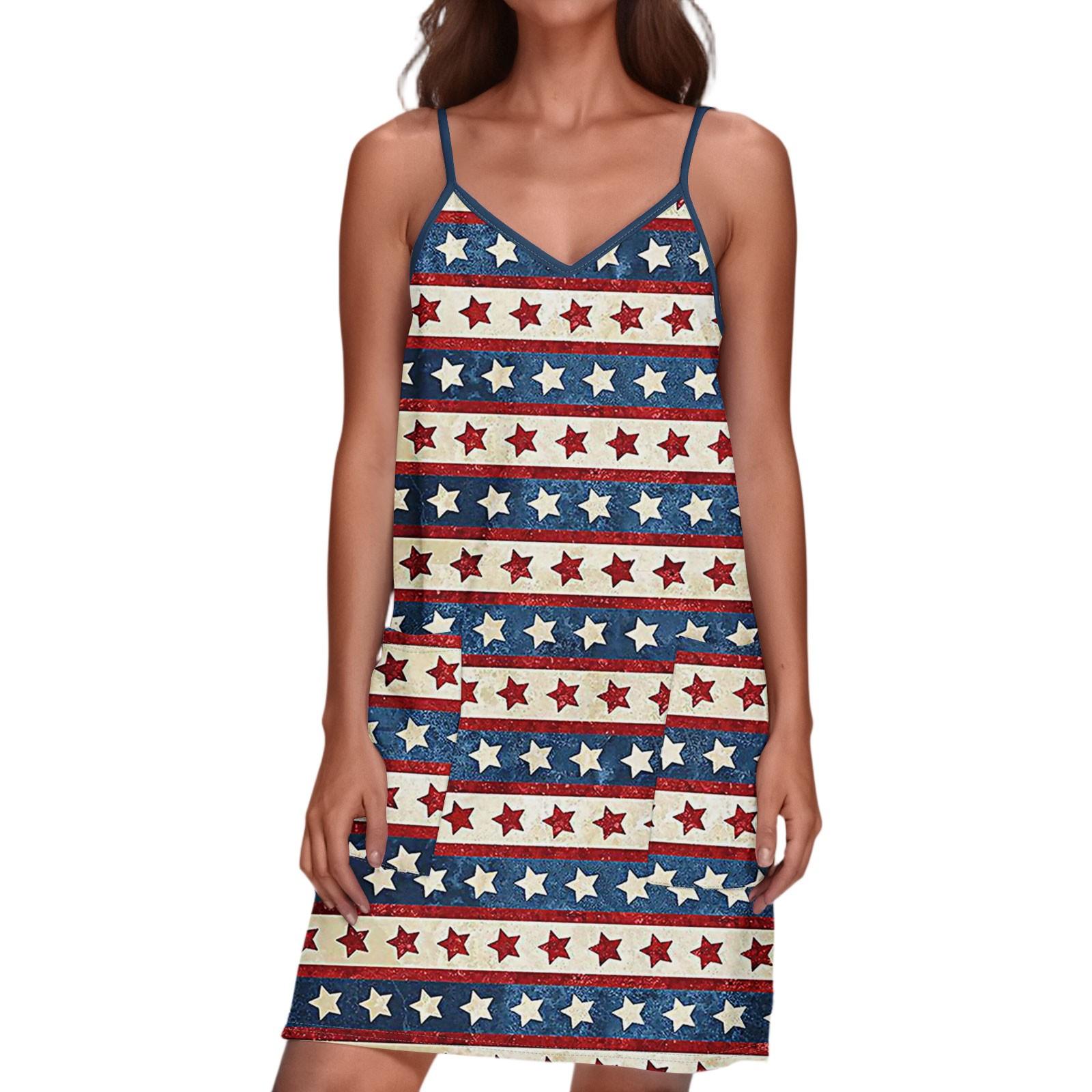 

Женская мода лето День независимости напечатано свободное без рукавов карман V-образный вырез платье S