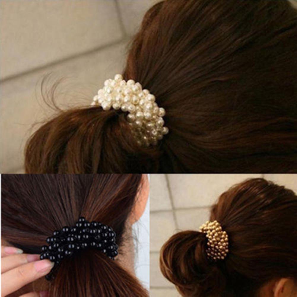 Dammode rep Scrunchie hästsvanshållare Faux Pearl Beads Elastiskt hårband