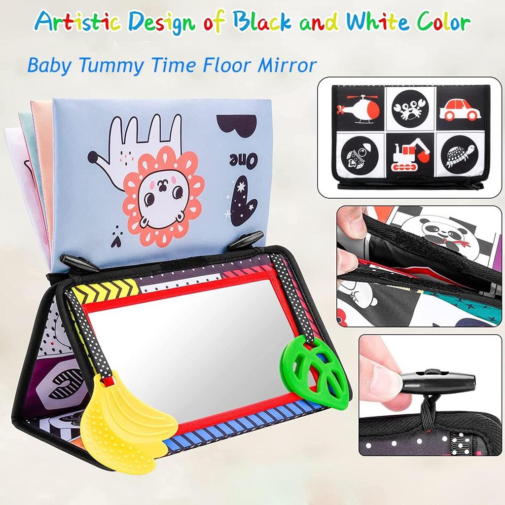 Babyspielzeug, Baby-Stoffbücher mit Spiegel, faltbarer Babyspiegel mit schwarz-weißem Kontrastmuster, Babybücher, Kinderwagenspielzeug von 0–12 Monaten, Geschenk für Jungen und Mädchen