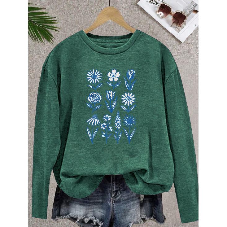 Elegant long-sleeved gift for women Blue multi-category daisy tulip rose fresh floral print pattern vintage round neck T Fresh and stylish,