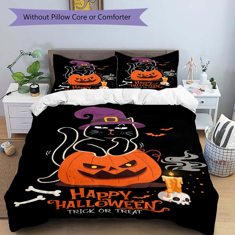 3pcs Trick or Treat cat & Pumpkin Halloween Bedding Set Includes Quilt Cover and Pillowcases, Suitable for All Seasons N094 135x200cm