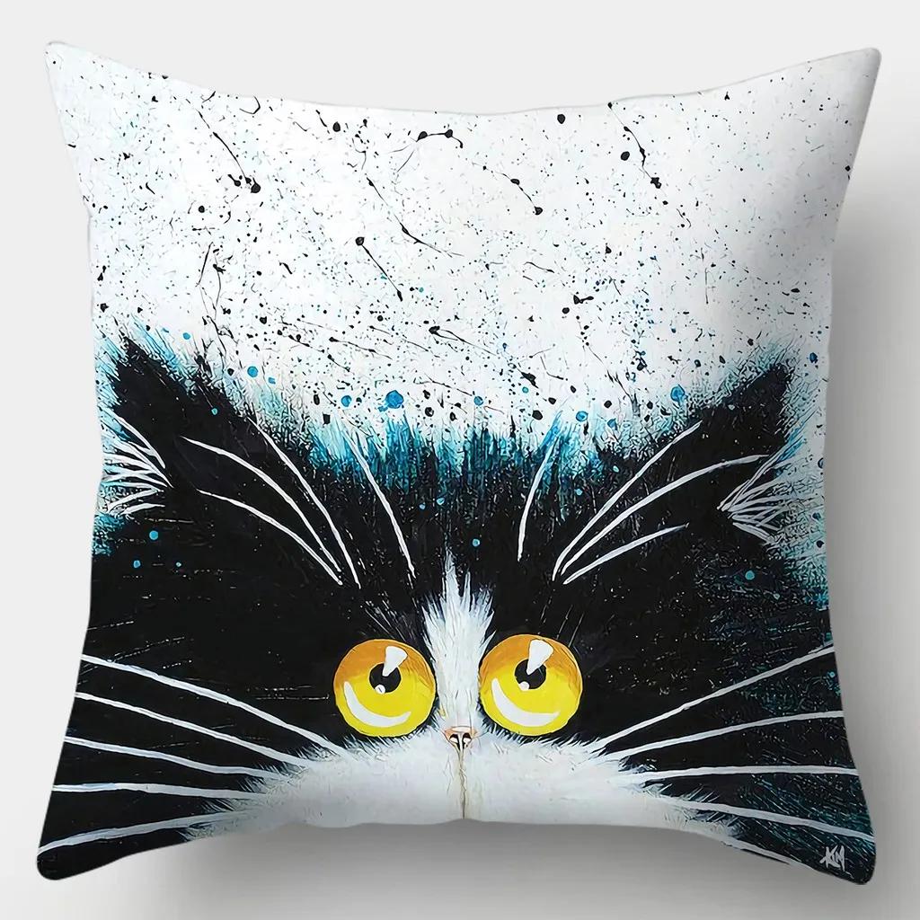 Home Decor Cute Cat Pillowcase Square Polyester Print Watercolor Love Cushion Cover