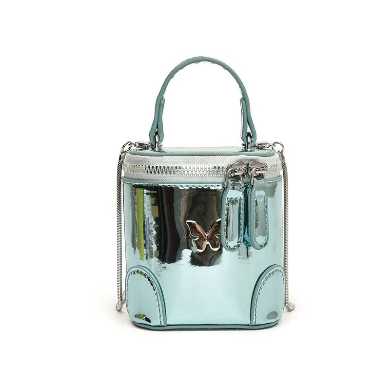 Monochromatic shiny PU shoulder bag for women solid color stitching chain mini bucket with zipper crossbody bags fashion