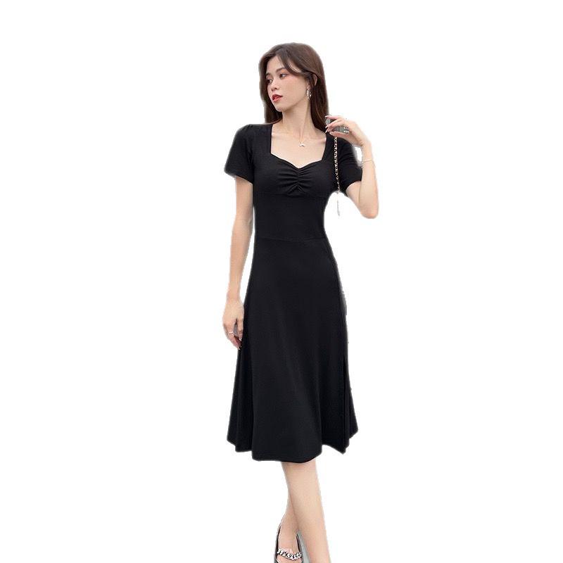 Elegant French Square Neck Black Bodycon Dress with Cinched Waist and High Slit - Summer Goddess Style, Mid-Length Skirt