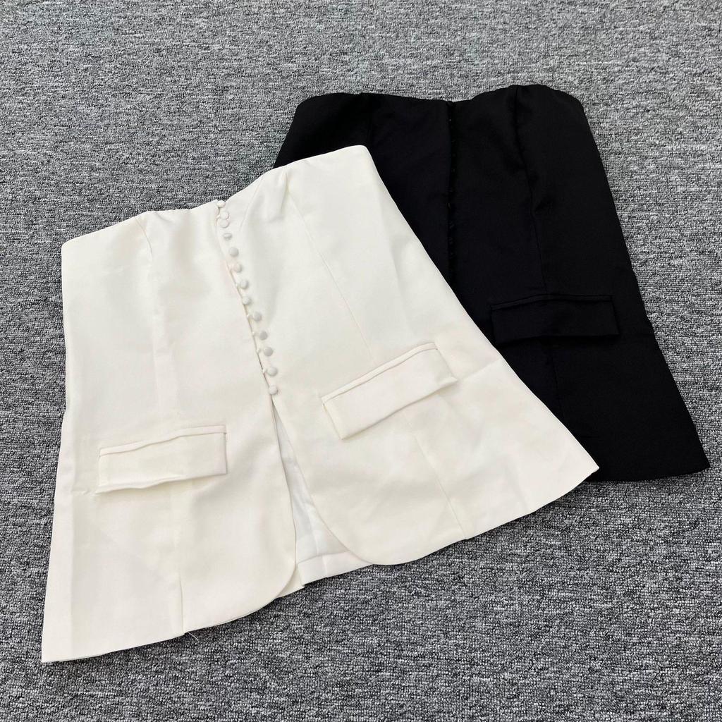 2024 Women's Slim Fit Waist-Cinching Strapless Vest Suit with Simple Row Buttons for Autumn/Winter