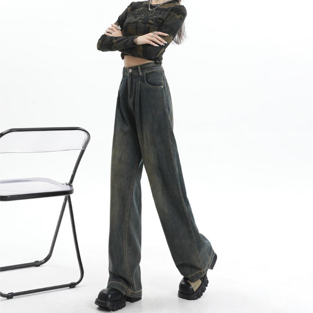 Lazy Wind High Waist Wide Legs Cement Gray Jeans Women's Thin Loose Versatile Straight Drape Pants