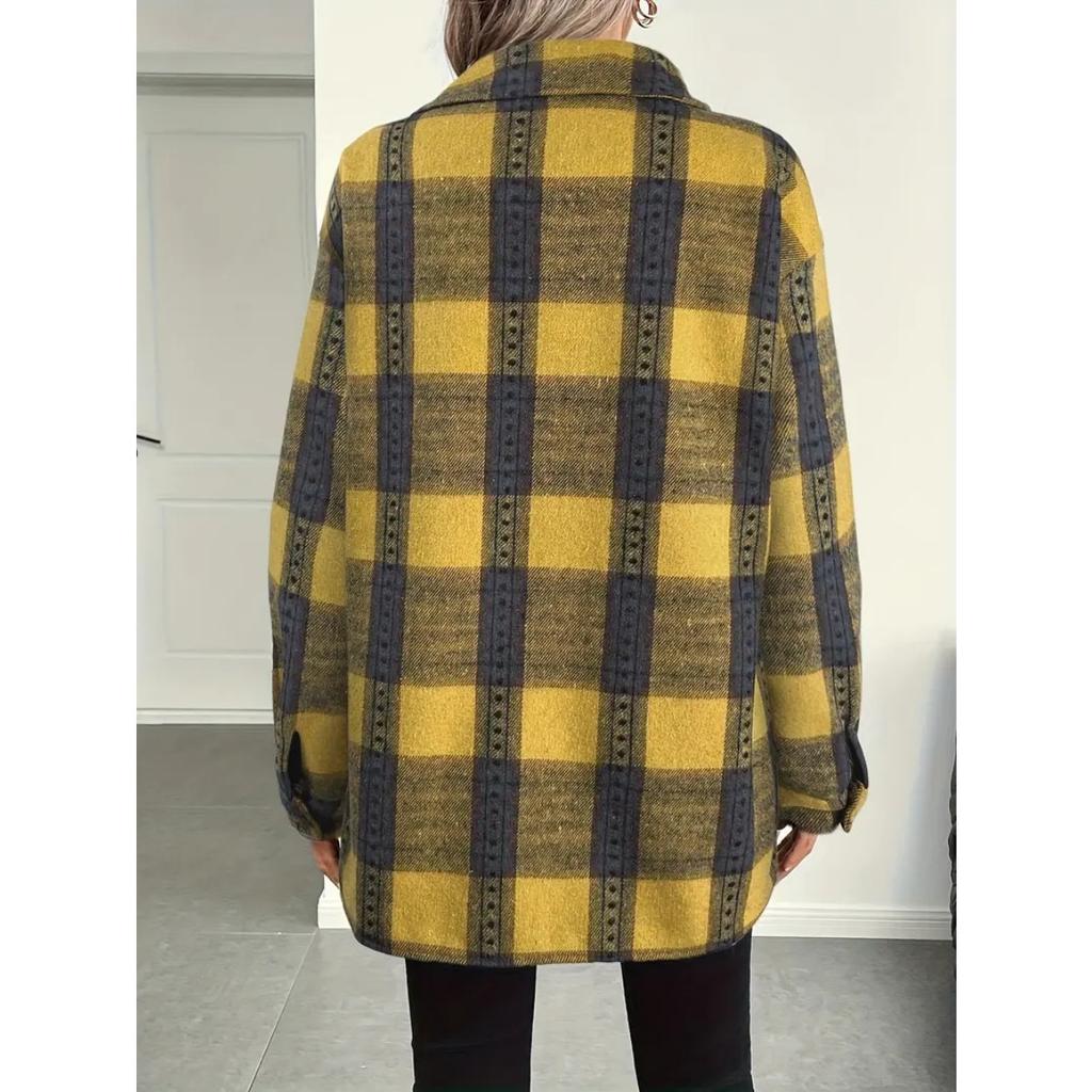 Autumn Winter Fleece Lined Women Plaid Lapel Jacket Casual Loose Long Sleeve Shirt Coat Commute Outwear