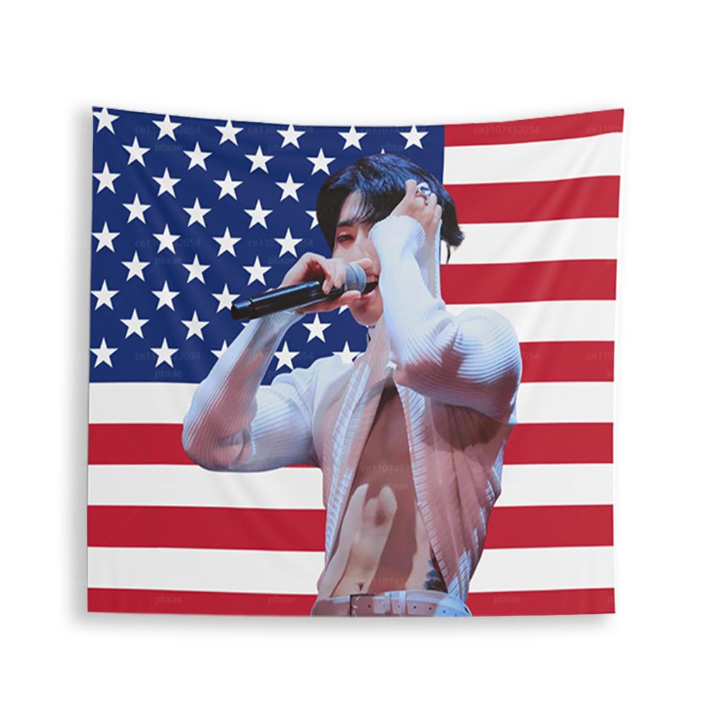 Kpop SKZ Han America Flag Tapestry Wall Hanging Room Decor Bedroom Wall Art Home Decoration SKZ Stay Fan Gift 74x94cm(29x37in)